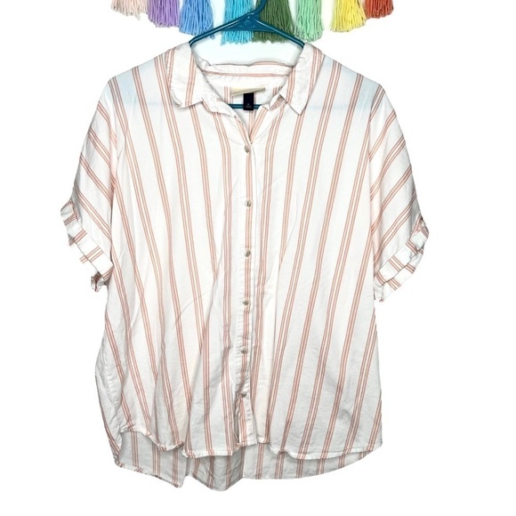 Universal Thread White and Pink Striped Doleman Sleeve Button Up Top Size XL - Picture 1 of 14